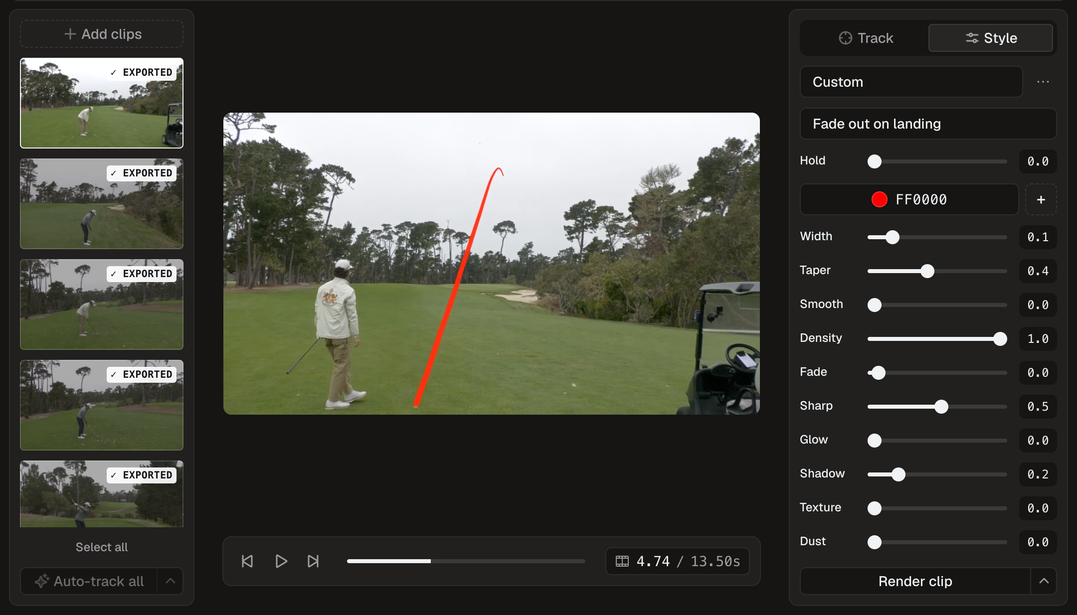 Golf Tracer Studio: exported clips in the sidebar, a finished red tracer arc over the shot, and the style sliders on the right.