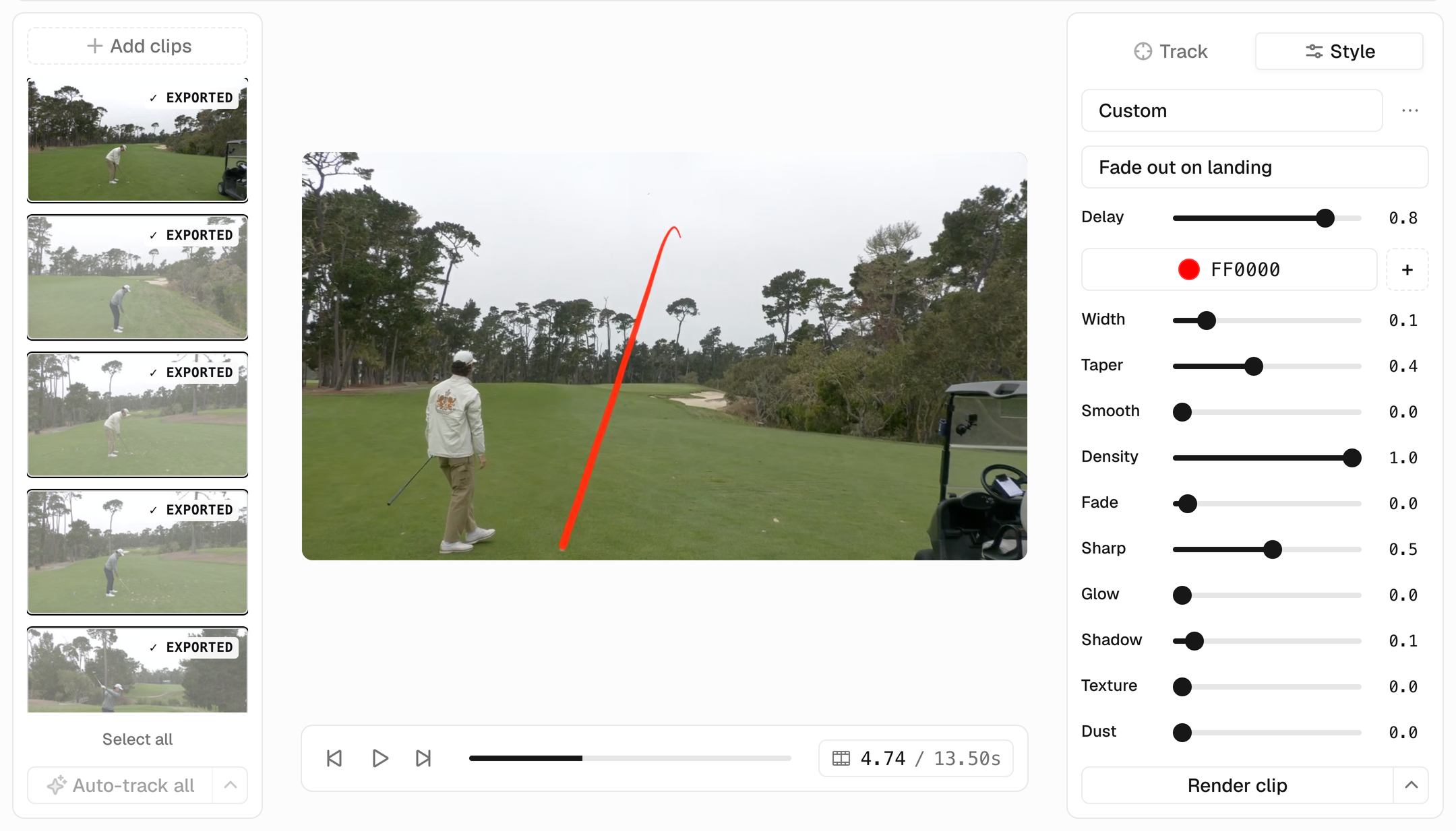 Golf Tracer Studio: exported clips in the sidebar, a finished red tracer arc over the shot, and the style sliders on the right.